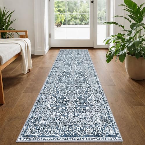 KUTA Vintage Washable Runner Rug 2x5 Runners Blue White 5ft Kitchen Rug | Non-Slip, Non-Shedding, Low Pile, Easy Clean Distressed Flower Runners For Hallways Bathroom Entryway Bedroom Laundry Foyer - color: Blue Floral, size: 2' x 5' (Runner)