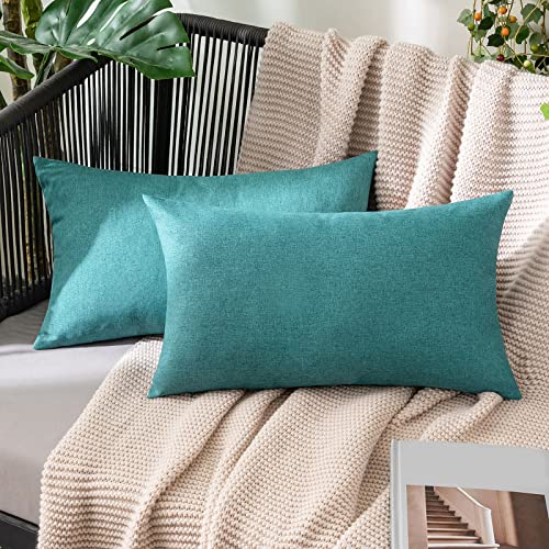 MIULEE Decorative Outdoor Pillow Covers Lumbar Waterproof 12x20 Turquoise | Solid Faux Linen Throw Pillow Covers Set of 2 Farmhouse for Patio Furniture Tent Balcony Garden Couch Sofa Cushion - color: Turquoise, size: 20" x 12" (Pack of 2)