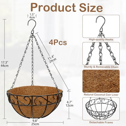 4 Pack 10 inch Metal Hanging Baskets for Plants, Round Metal Wire Hanging Basket Planter with Coco Fiber Liners Chain for Garden Home Porch Patio, Flower Border - size: 10" x 4 Pack, style: Flower Border