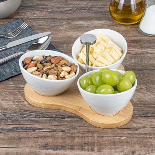 Restaurantware-15 Ounce Bowl Set with Tray - 1 Dishwashable Serving Set, Includes 3 Porcelain Bowls And 1 Bamboo Tray, Durable, White Porcelain And Bamboo Bowl And Platter Kit, Reusable, Freezable - size: Triple set, style: Incline