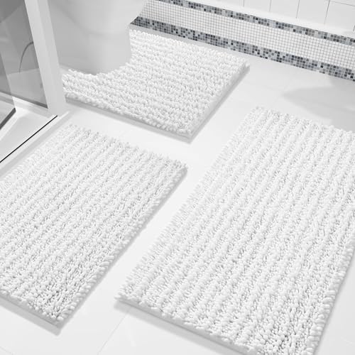 Yimobra Bathroom Rug Set 3 Piece - Super Absorbent Quick Dry Chenille Bath Mats & Toilet Rug, Non Slip Machine Washable, Extra Thick Shaggy Floor Mat for Shower Tub Sink, White - color: White, size: 24"x17" + 24"x20" + 30"x20"