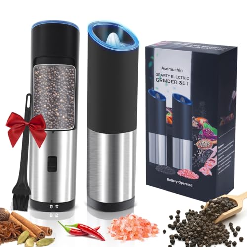 Gravity Electric Salt and Pepper Grinder Set with Adjustable Coarseness, Large Capacity, Stainless Steel, Portable, Not Easily Knocked Over, Kitchen Utensils Gadgets for Dining Home Gift