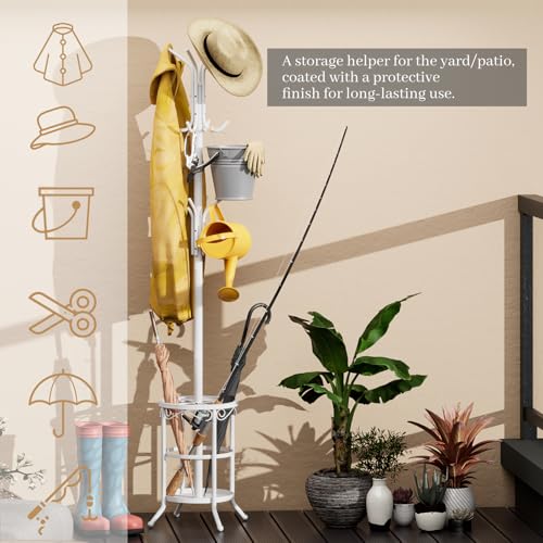 Coat Rack Freestanding with Umbrella Holder – Metal Hanger Stand, Hall Tree with 12 Hooks, Entryway Organizer for Hats, Bags, and Clothes (White) - color: White