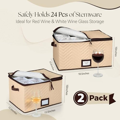 Wine Glass Storage Box with Dividers, Holds 12 Glasses up to 3.75" Wide | 2 Pack, Stemware Storage Case, Protects Fine China, Durable Quilted Microfiber, Carry Handles, Ideal for White Wine - size: Red & White Wine, style: 2 Pack