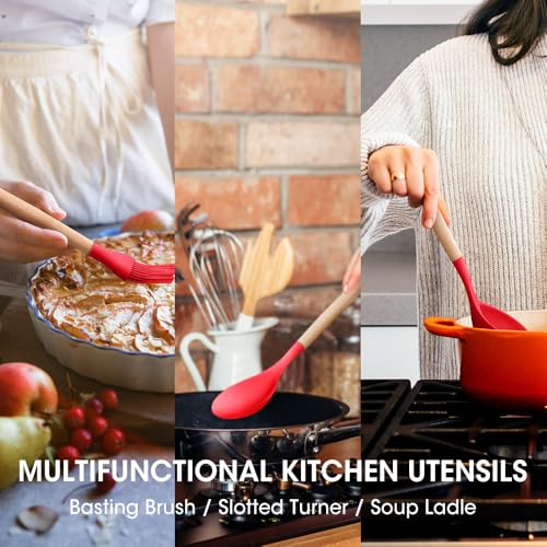 Kitchen Utensils Set Silicone Kitchen Utensils Set with Wooden Handle Utensils for Cooking Heat Resistant Silicone Non-Stick Cookware BPA FREE (Red) - color: Red