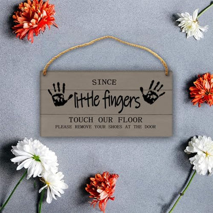 Little Fingers Sign - Please Remove Shoes At Door - 12x12in Grey No Shoes Sign for Front Door Wall Hanging - color: Dark Grey-Since Little Fingers