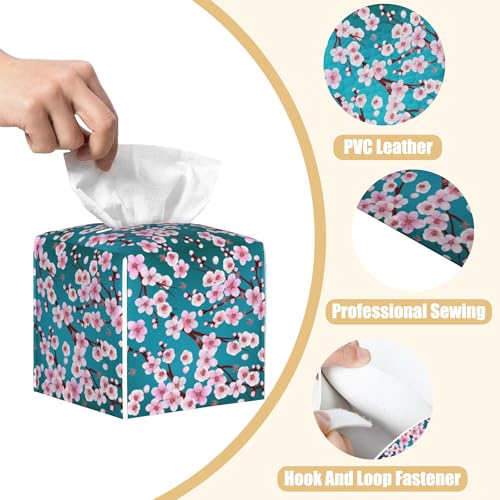 Pink Cherry Blossom Branches Tissue Box Cover Square, Tissue Box Holder with Bottom Belt Leather Facial Paper Organizer Dispenser for Bathroom Bedroom Dresser Night Stand Tabletop - color: Pink Cherry Blossom Branches