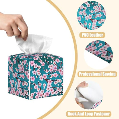 Pink Cherry Blossom Branches Tissue Box Cover Square, Tissue Box Holder with Bottom Belt Leather Facial Paper Organizer Dispenser for Bathroom Bedroom Dresser Night Stand Tabletop - color: Pink Cherry Blossom Branches