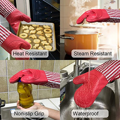 Alselo Silicone Oven Mitts Heat Resistant 932℉ with Waterproof & Non-Slip | Kitchen Mittens Set of 2,Extra Long 7.5"x15" Oven Gloves with Soft Cotton Terry Lining for Baking Cooking BBQ(Red,2) - color: Red