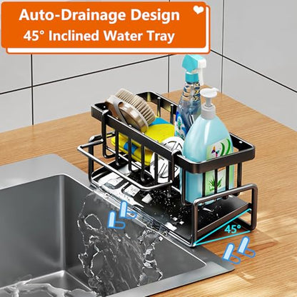 Kitchen Sink Caddy Organizer, Stainless Steel Sink Sponge Holder,45°Tilt Self-Drainage, Sponge Drain Rack with Dish Brush Holder,Removable Dishcloth Rack for Kitchen Storage Dispenser,Grey