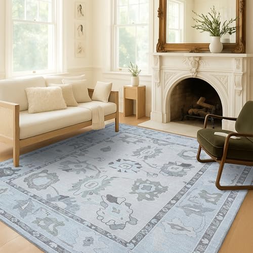 Fame Living Cream Beige Oushak Rug, Modern, Vintage, Turkish, Eclectic, Floral, Pastel, Washable, Large Area Rugs for Living Room, Dining, Bedroom, Girls, Boys, 7'5"x9'8" - color: Cream Beige, size: 7'6" x 9'11" (Rectangular)