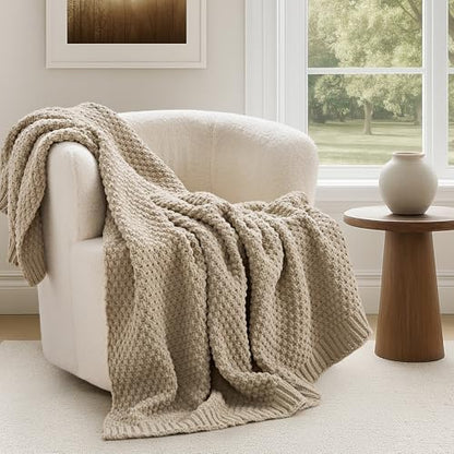 EVERGRACEHOME Chunky Chenille Knit Throw Blanket, 60 x 80, Sand Dune | Sculpted Moss Stitch, Chic Modern Farmhouse, All-Season Warmth, OEKO-TEX® Certified, Elegant Blanket for Couch, Bed, Sofa - color: Sand Dune, size: 60" X 80"