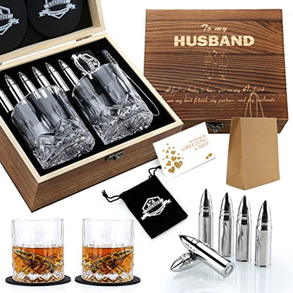 Whiskey Gifts for Men Husband, Anniversary Birthday Bourbon Gifts for Him | Fathers Day Wedding Gifts Ideas from Wife, Stainless Steel Whiskey Stones and Whiskey Glasses Set, Holiday, Groomsmen Gifts - style: Straight Glasses+Stainless Steel Stones for Hu