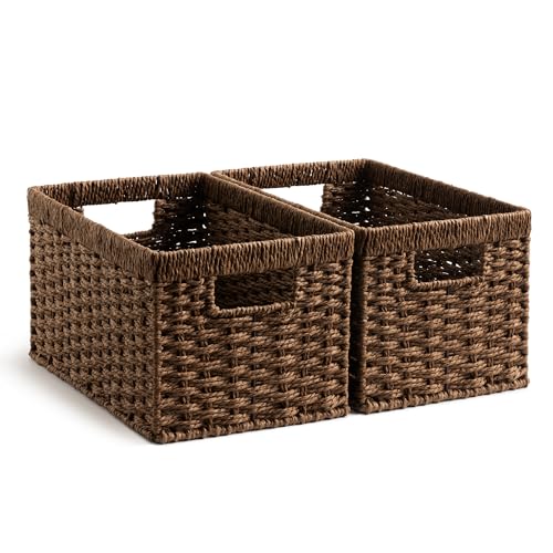 StorageWorks Rectangular Wicker Storage Baskets for Organizing, 2-Pack | Paper Rope Wicker Storage Baskets for Shelves, Dark Brown Wicker Baskets with Handle, Brown Baskets for Storage,Woven Baskets - color: Dark Brown (Paper Rope), size: 2x 13"L x 8¼"W x
