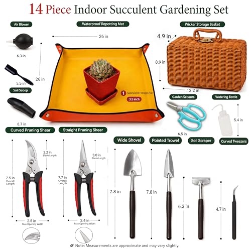 Repotting Mat and Planting Tools, Indoor Plants, Wicker Basket | All-in-one succulent repotting set, pruning shears, snap-corner mat, wicker storage, indoor gardening gift set