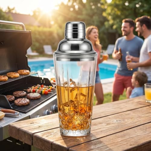 Cut Crystal Glass Cocktail Shaker - 15oz Lead-Free Crystal Shaker with Steel Strainer Lid - Premium Barware for Home Bartenders - Ideal for Mocktail, Espresso, Margarita, Martini Cocktails - color: Vertical Cut