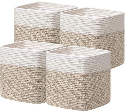 joybest 11inch Cube Storage Bins, Cotton Rope Woven Organizer Basket | Set of 4 Cube Bin Square Shelves Organizer Closet Storage, Nursery, Toy Organization, Brown&White - color: Brown&White, size: 11×11×11 Inches