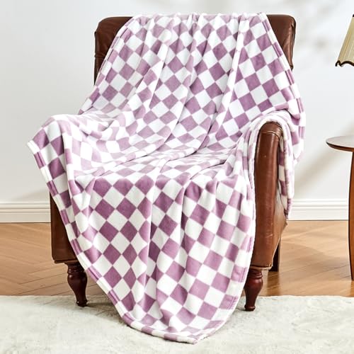 Edenleaf Purple Checkered Fleece Throw Blanket for Bed Cozy Warm Home Decor | Ultra Soft Fuzzy Blanket for Couch Sofa, Fluffy Lightweight Throw for Travel, Holiday Gifts for Women, All Seasons, 60"x80" - color: 01 Purple, size: Blanket-60"x80"