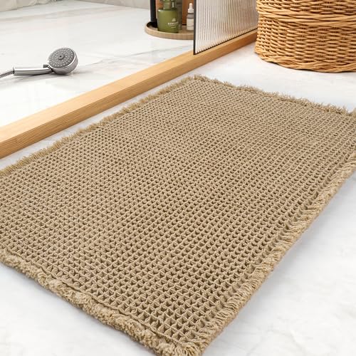 tchdio Waffle Bath Mat Rug, Super Absorbent Non Slip Bath Mats for Bathroom Mat Ultra Soft Bathmat Machine Washable Bathroom Rugs with Tassels, Bath Rugs Beside Tub, 18" x 30" - color: Brown, size: 18" x 30"