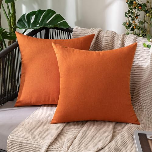 MIULEE Decorative Outdoor Pillow Covers Fall 12x12 Orange | Solid Waterproof Faux Linen Throw Pillow Covers Set of 2 Farmhouse for Patio Furniture Tent Balcony Garden Couch Sofa Cushion - color: Orange, size: 12" x 12" (Pack of 2)