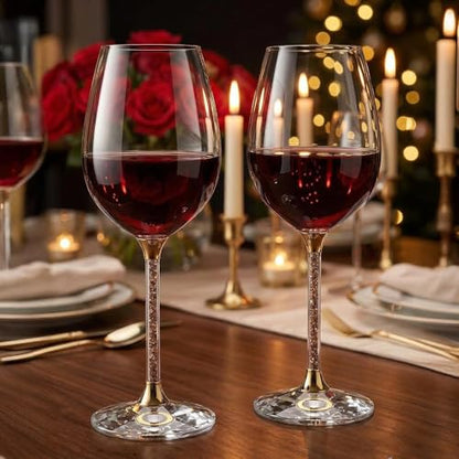 Matashi Crystal Wine Glasses Set of 2 (18.5 oz), Gold Crystal Filled Stem | Luxury Decorative Wine Glass Gift Set for Wedding, Anniversary, Elegant Red & White Wine Glasses