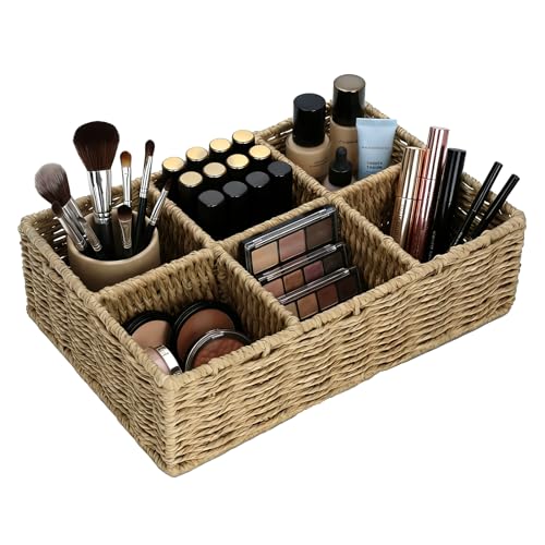 Makeup Organizer, Hand-woven Wicker Basket for Dresser and Bathroom Countertop Organizer, 6 Compartments Makeup Brush Holder Skincare Organizer, Cosmetic Storage for Lipstick Eyeshadow Palette