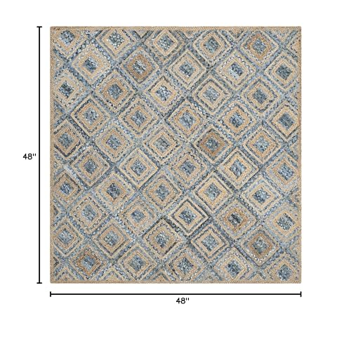 SAFAVIEH Cape Cod Collection Area Rug - 4' Square, Natural & Blue, Handmade Flat Weave Diamond Braided Jute & Denim, Ideal for High Traffic Areas in Living Room, Bedroom (CAP354A) - color: Natural/Blue, size: 4' x 4' (Square)