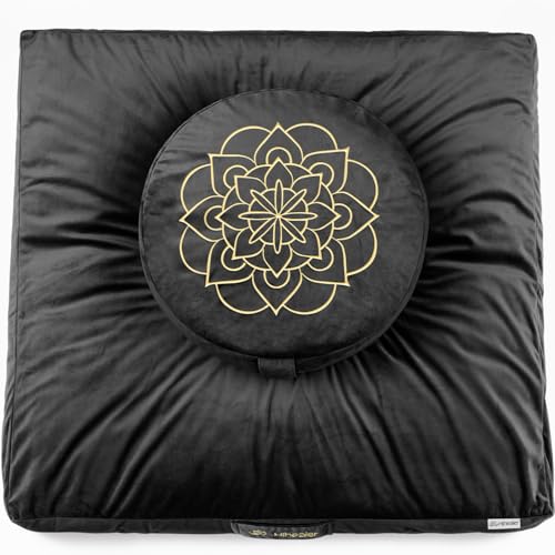 Hihealer Meditation Cushion Set Large Velvet Floor Pillow & Traditional Tibetan Yoga Bolster for Adults Zafu Meditation Mat with Buckwheat Filling (Black) - color: Black