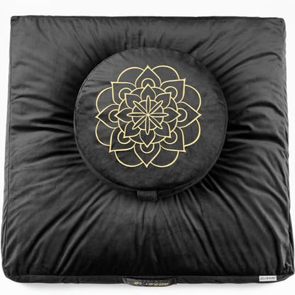 Hihealer Meditation Cushion Set Large Velvet Floor Pillow & Traditional Tibetan Yoga Bolster for Adults Zafu Meditation Mat with Buckwheat Filling (Black) - color: Black