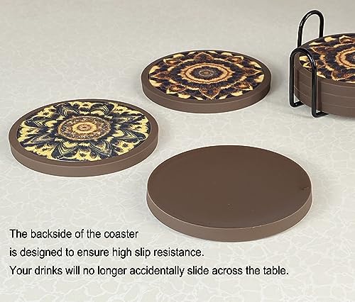 Absorbent Coasters for Drinks with Holder - 6packs, Silicone Coaster with Soft Felt Insert (4.3 inch Coasters with 4.5 inch Holder, Dual-Sided Mandala -Themed Patterns) - color: Dual-sided Mandala-themed Patterns
