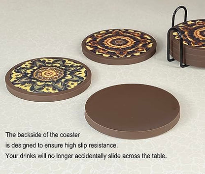 Absorbent Coasters for Drinks with Holder - 6packs, Silicone Coaster with Soft Felt Insert (4.3 inch Coasters with 4.5 inch Holder, Dual-Sided Mandala -Themed Patterns) - color: Dual-sided Mandala-themed Patterns