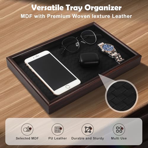 Wooden Valet Tray with Leather Base - Nightstand Catchall Organizer for Cologne, Perfume, Keys, Wallet, Phone, Watch, Jewelry & Sunglasses (2Pcs Black) - color: 2Pcs Black