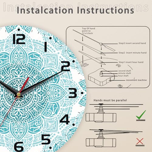 Teal Mandala Flower Wall Clock, Silent Non-Ticking, Battery Operated, Wooden Decorative Round Clock with Arabic Numerals, 10 Inch - color: Teal Mandala Flower