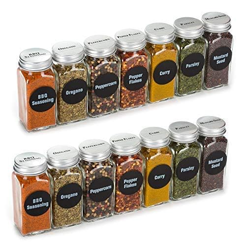 4oz, BEST VALUE 14 Glass Spice Jars includes pre-printed 113 CLEAR PVC labels & round 126 CHALKBOARD labels. 14 Square Empty Jars, Airtight Cap, kitchen Funnel Pour/Sift Shakers