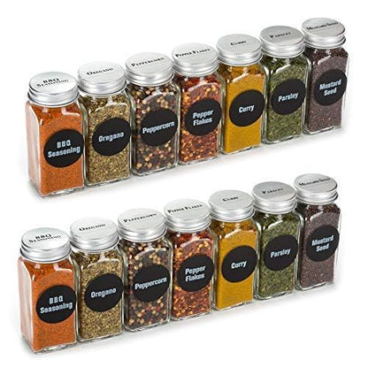4oz, BEST VALUE 14 Glass Spice Jars includes pre-printed 113 CLEAR PVC labels & round 126 CHALKBOARD labels. 14 Square Empty Jars, Airtight Cap, kitchen Funnel Pour/Sift Shakers