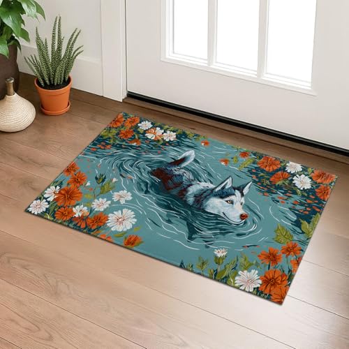 Husky Dog Indoor Door Mat with Floral Pond Scene, Welcome 29.5"×17" Non-Woven Floor Mat, Non-Slip Doormat Rug for Front Door, Porch, Bathroom, Kitchen, Home Decor, Gifts - color: 03