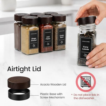 Glass Spice Jars with Grinder Lid 24 Pack 4 oz Acacia Wood | 780 Labels (Round+Square), Shaker Inserts, Funnel, Airtight Seal, Bonus Grinder Lid for Fresh Grinding - color: Brown