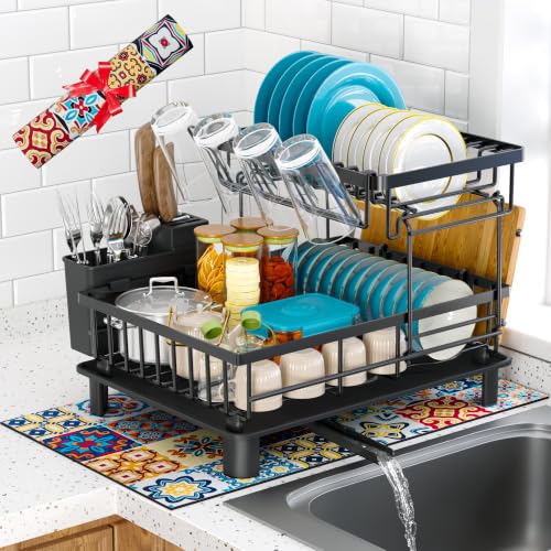 2 Tier Large Detachable Dish Drying Rack for Kitchen Counter,Black | Compact Drying Rack Kitchen, Rust-Resistant Dish Drainer Organizer, Space-Saving Dish Racks with Drainboard, Utensil Holder - color: 2 Tier-black