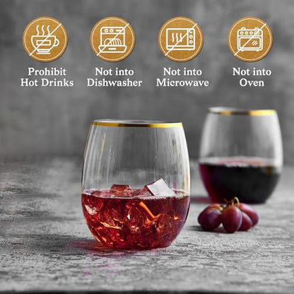 FOCUSLINE 32 Pack 12 OZ Plastic Wine Glasses, Stemless Disposable Wine Cups, Gold Rim Unbreakable Wine Glasses, Reusable Shatterproof Recyclable and BPA-Free Plastic Wine Cups - color: 12OZ-32-Gold Rim