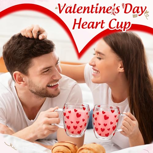 JarThenaAMCS Valentine' s Day Double Wall Glass Coffee Mugs Insulated Glasses 12Oz Red Heart Clear Espresso Cups with Handle for Home Holiday Supplies, Set of 2 - style: Red Heart
