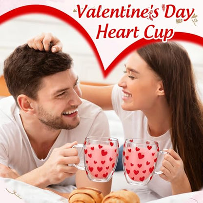 JarThenaAMCS Valentine' s Day Double Wall Glass Coffee Mugs Insulated Glasses 12Oz Red Heart Clear Espresso Cups with Handle for Home Holiday Supplies, Set of 2 - style: Red Heart