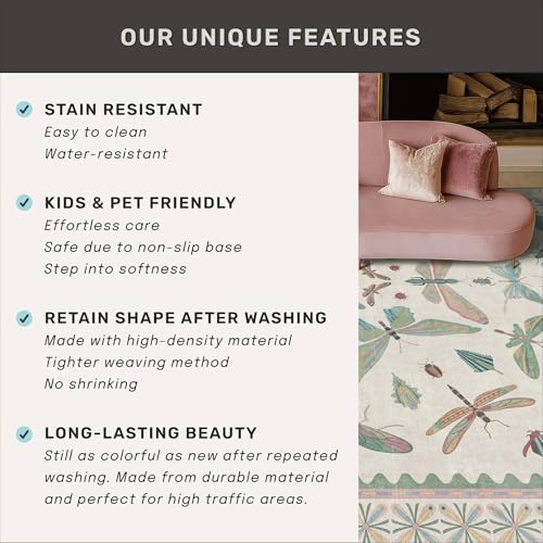 Washable Non Slip Bathroom Runner Rug 2x5, Insect Boho Bath Mat, Stain Resistant Low Pile Butterfly Insect Print Rugs for Laundry Room, Powder Room, Beige Green - color: Beige Green, size: 2' x 5' (Runner)