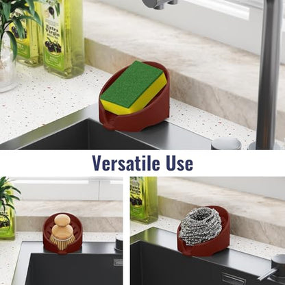 NiHome Silicone Sponge Holder for Kitchen Sink, Fits Scrub Daddy Mommy | Self-Draining Dispenser Organizer Tray, Sink Caddy Countertop Fits Soaps, Scrubber, Dishwasher Safe, Includes Brush - color: Dark Red