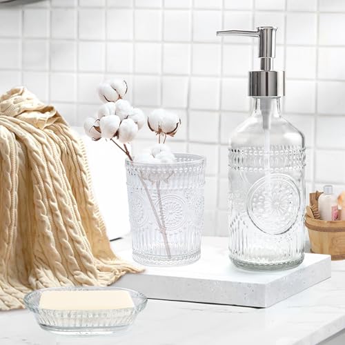 FEILANDUO 3Pcs Glass Bathroom Accessories Set, Lotion & Soap Dispenser, Toothbrush Holder, Soap Dish, Modern Bathroom Countertop Decor for Home, Housewarming Gift (Clear, 3 Pcs Bathroom Set)