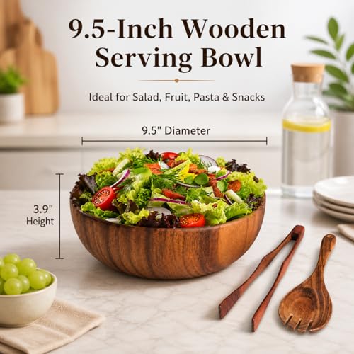 Acacia Wood Salad Bowl Set with Serving Utensils, 9 Inch Wooden Serving Bowl with Salad Fork and Tongs, One-Piece Glue-Free Crack Resistant Bowl for Salad, Fruit, Pasta and Snacks