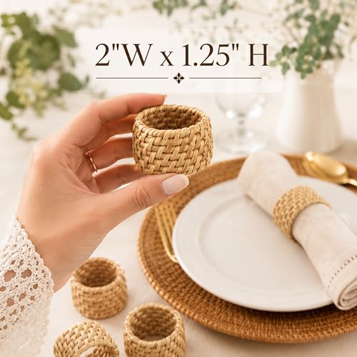 Alpha Living Home Rattan Napkin Rings, Natural, Set of 12 | Handwoven natural cane, 2 in. W x 1.25 in. H, fits cloth napkins, rustic boho style, reusable, weddings & everyday dining - color: Camel Brown, size: 12- Pack
