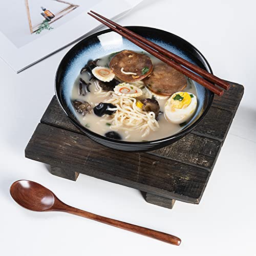 Ceramic Japanese Ramen Bowl Set, 2 Sets Asian Pho Udon Soup Noodle Bowls with Spoons and Chopsticks (Black/Blue, 8 inches) - color: Black/Blue