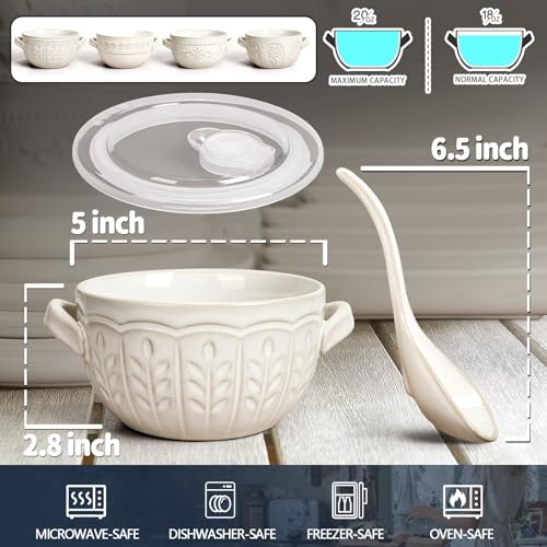 French Onion Soup Bowls with Handles and lids & Spoons, 20 Oz Ceramic Soup Crocks Oven Safe Serving Bowls for Chili, Beef Stew, Cereal, Pot Pies, Embossment, Set of 4, White (Wheat Leaf) - color: White (Wheat Leaf)