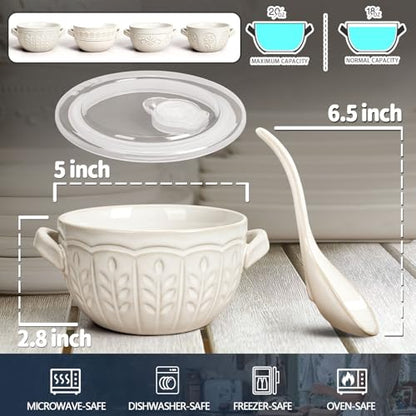 French Onion Soup Bowls with Handles and lids & Spoons, 20 Oz Ceramic Soup Crocks Oven Safe Serving Bowls for Chili, Beef Stew, Cereal, Pot Pies, Embossment, Set of 4, White (Wheat Leaf) - color: White (Wheat Leaf)