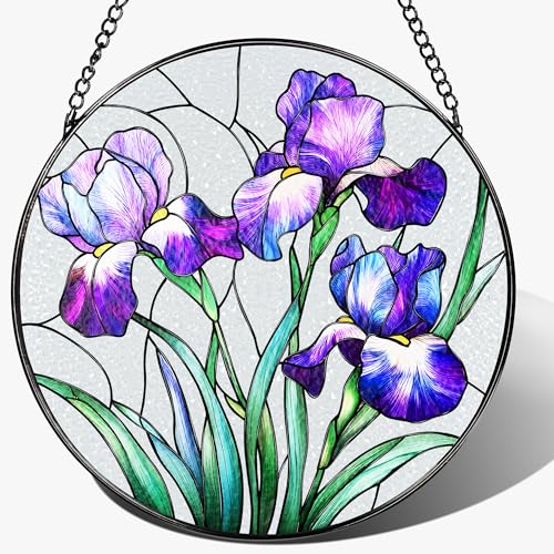 Stained Glass Window Hanging, 8 Inch Purple Irises Stained Glass Suncatcher, Flower Sun Catchers Indoor Window, Iris Flowers Gift, Flower Lovers Gifts, Housewarming Gift, Gifts for Her or Women - color: Iris Flower